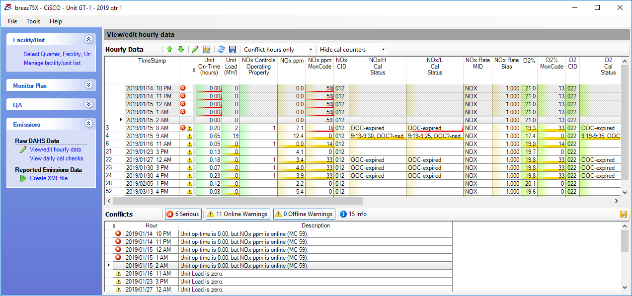 breez75x View/Edit Hourly Data window