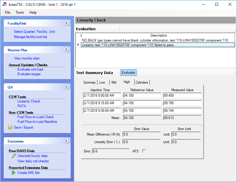 breez75x Linearity Check window